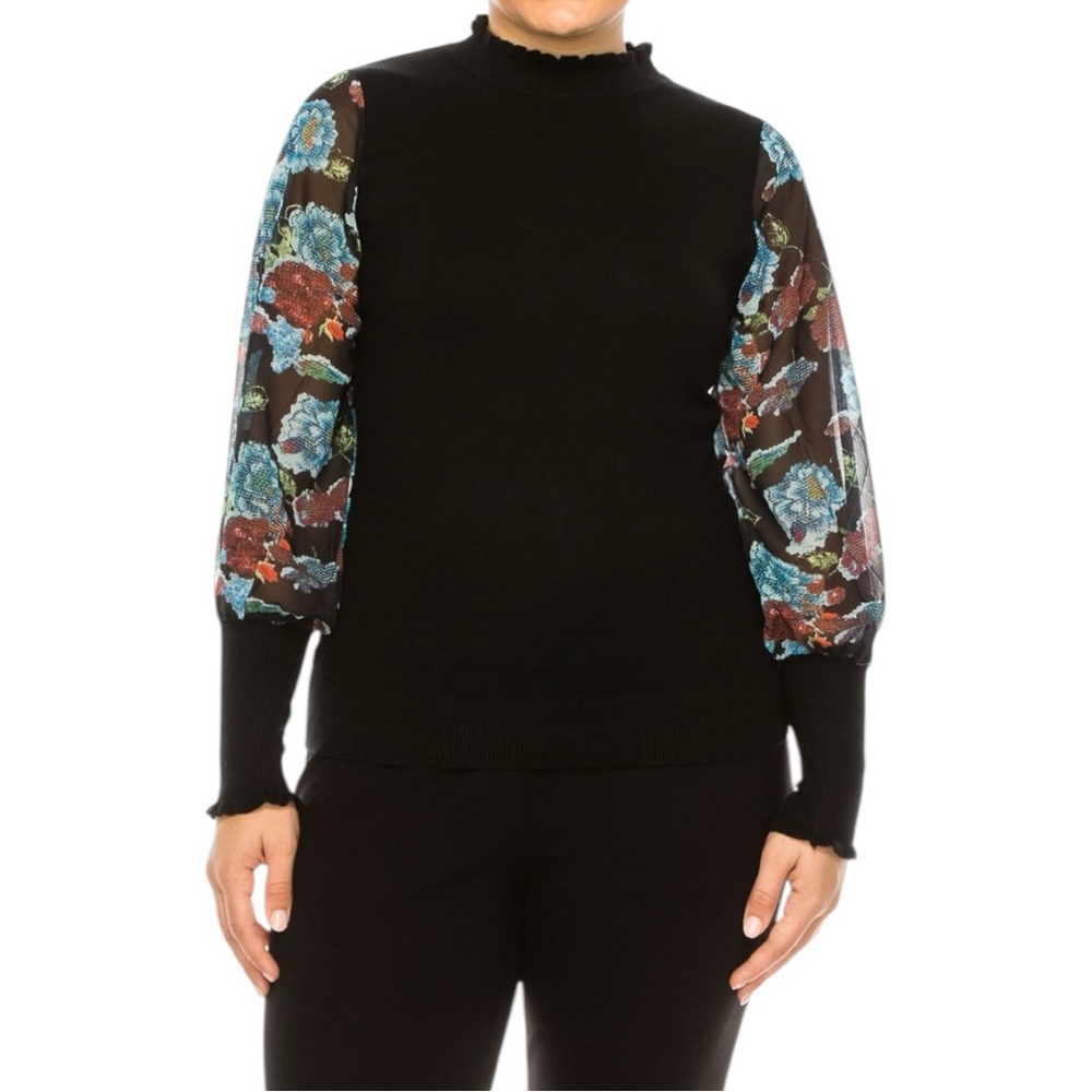 Sioni Milano Women’s Mock Neck Floral Sheer Long Sleeve Sweater Top Sz M